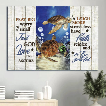Beautiful Sea Turtle Blue Ocean Water Bubbles Pray Big Worry Small Canvas Wall Art - Christian Wall Decor