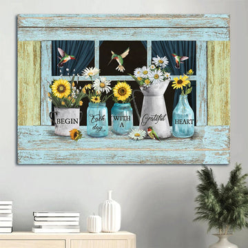 Beautiful Sunflower Daisy Drawing Begin Each Day With A Grateful Heart Canvas Wall Art - Christian Wall Decor