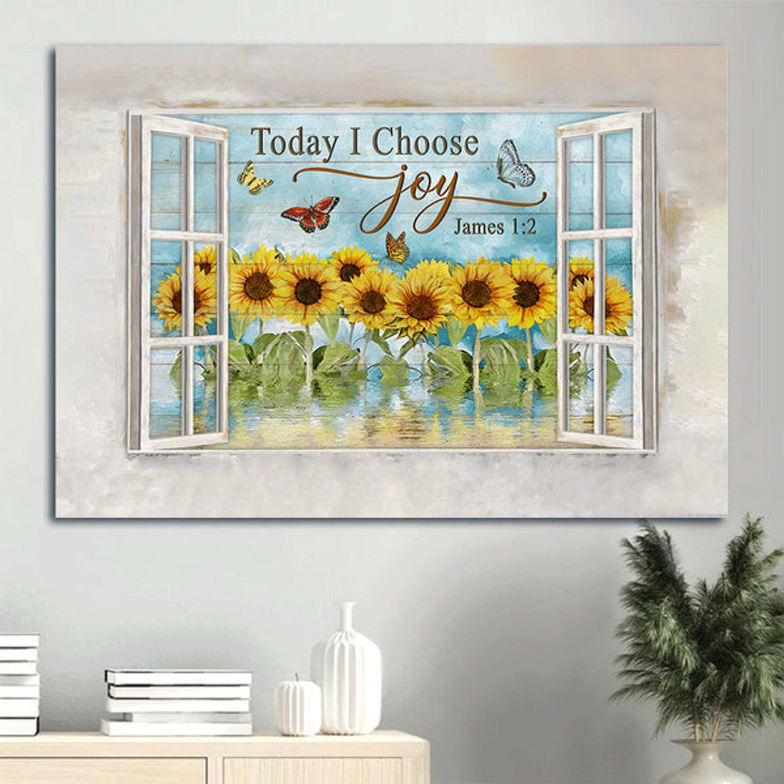 Beautiful Sunflower Garden Watercolor Butterfly Vintage Art Today I Choose Joy Canvas Wall Art - Christian Wall Decor