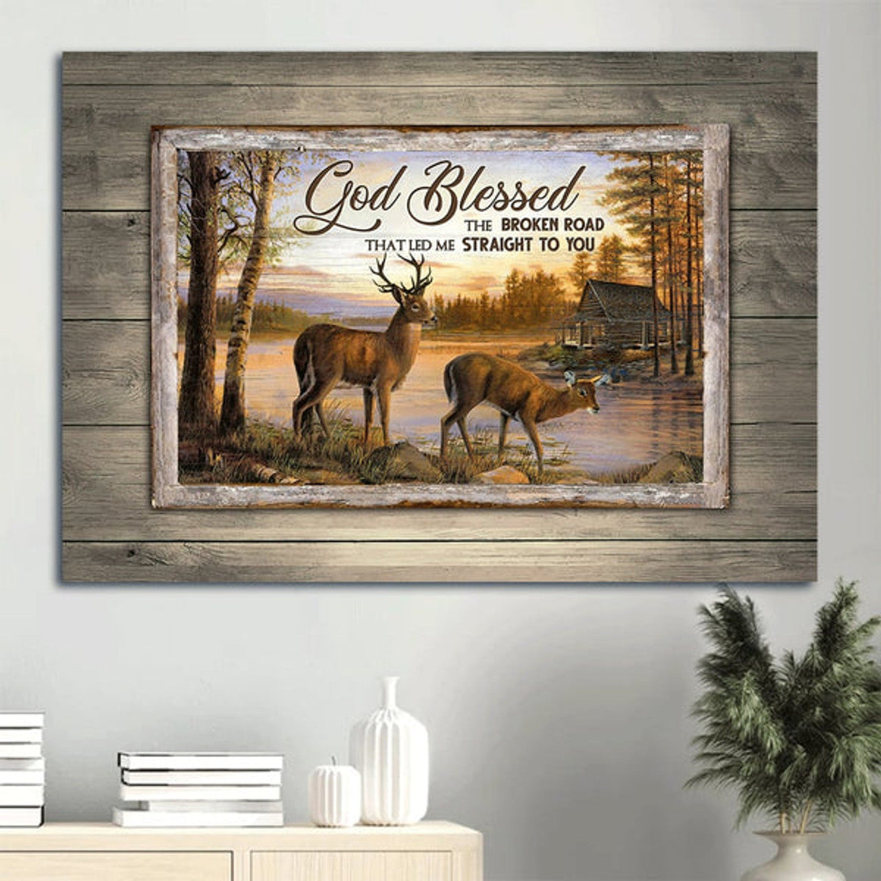 Beautiful Sunset Brown Deer River Painting God Blessed The Broken Road Canvas Wall Art - Christian Wall Decor