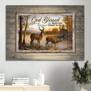Beautiful Sunset Brown Deer River Painting God Blessed The Broken Road Canvas Wall Art - Christian Wall Decor