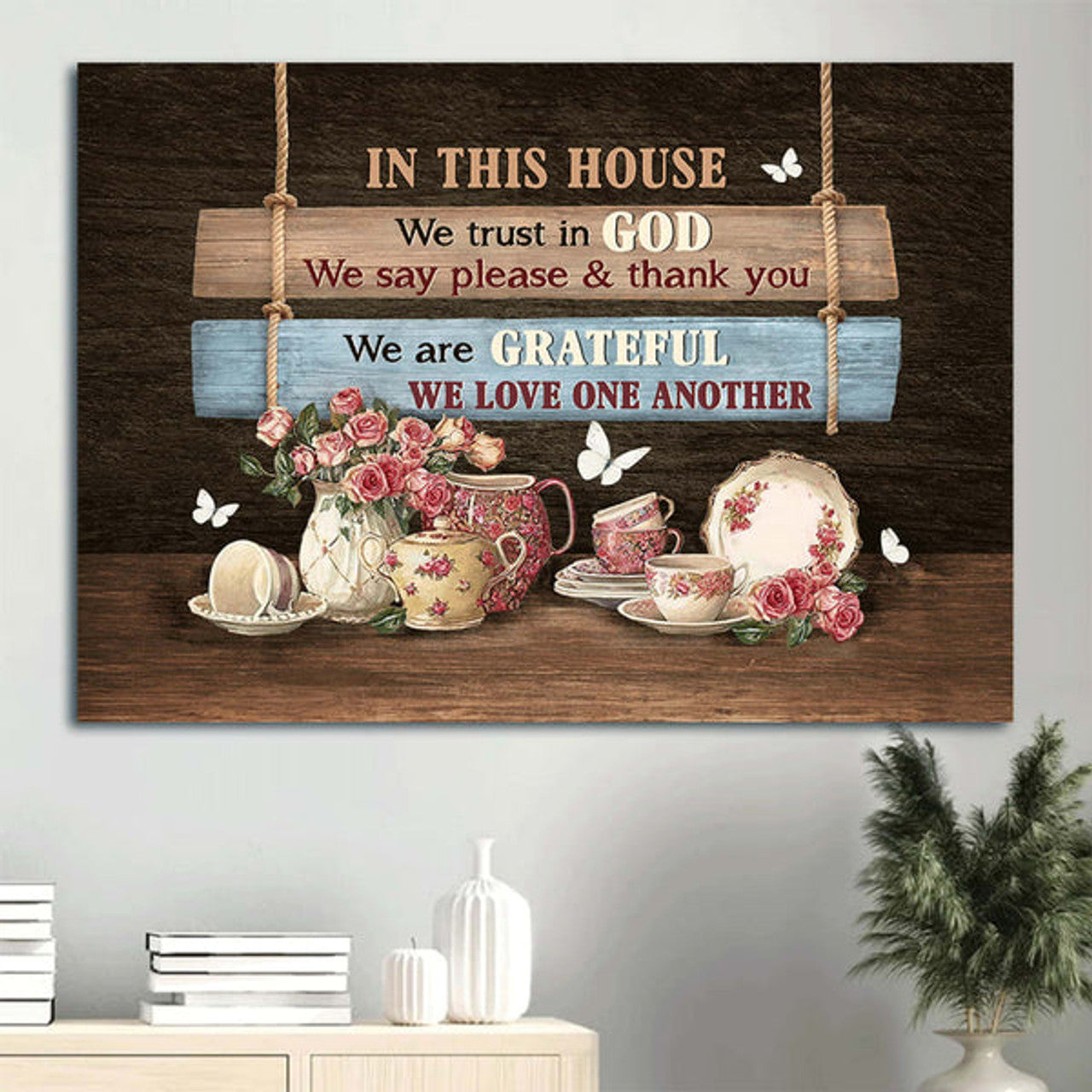 Beautiful Tea Cup White Butterfly In This House We Trust In God Canvas Wall Art - Christian Wall Decor