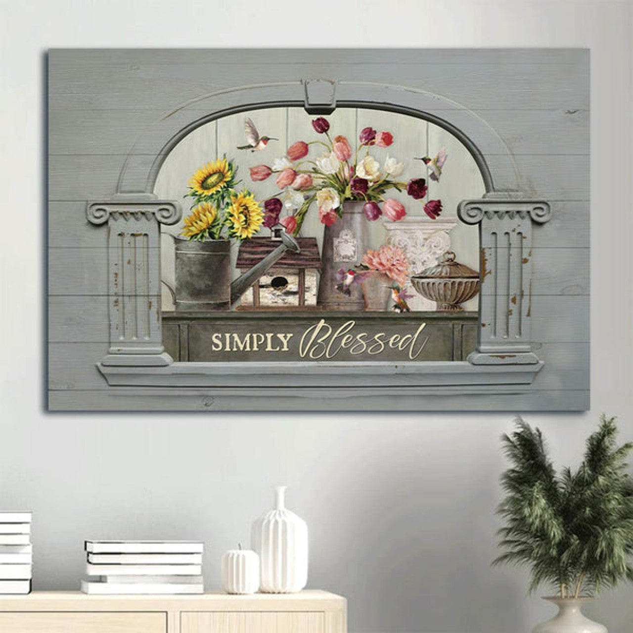 Beautiful Tulip Sunflower Painting Colorful Hummingbird Simply Blessed Canvas Wall Art - Christian Wall Decor