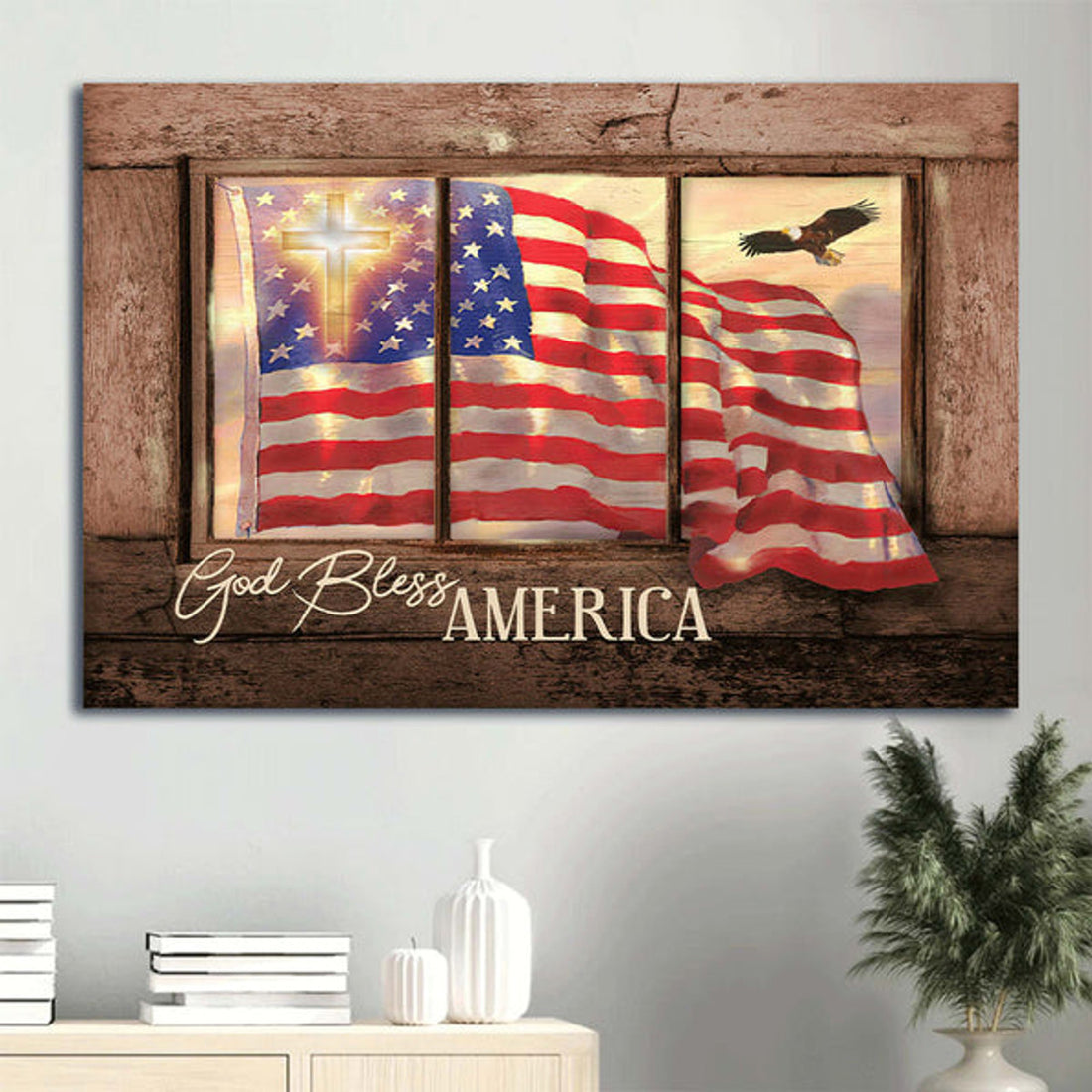 Beautiful Us Flag Cross Symbol Vintage Window God Bless America Canvas Wall Art - Christian Wall Decor