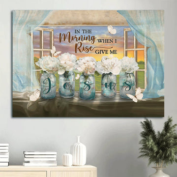 Beautiful White Flower Orange Sunset Butterfly In The Morning When I Rise Canvas Wall Art - Christian Wall Decor