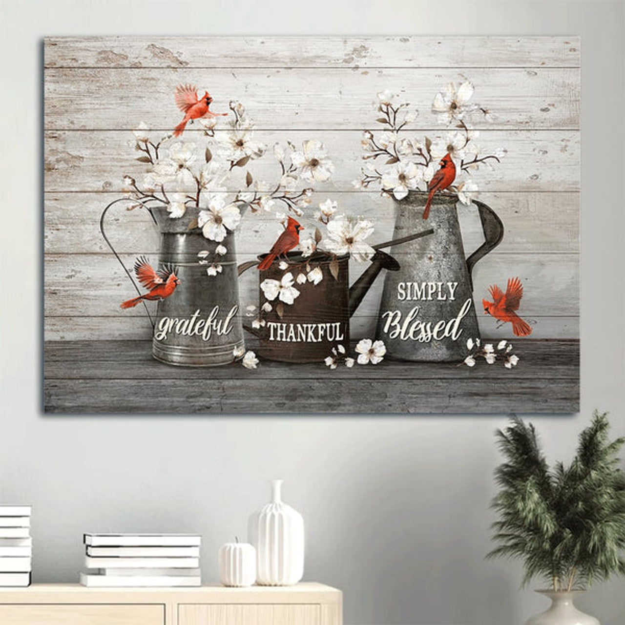 Beautiful White Flowers Red Cardinals Water Pots Simply Blessed Canvas Wall Art - Christian Wall Decor