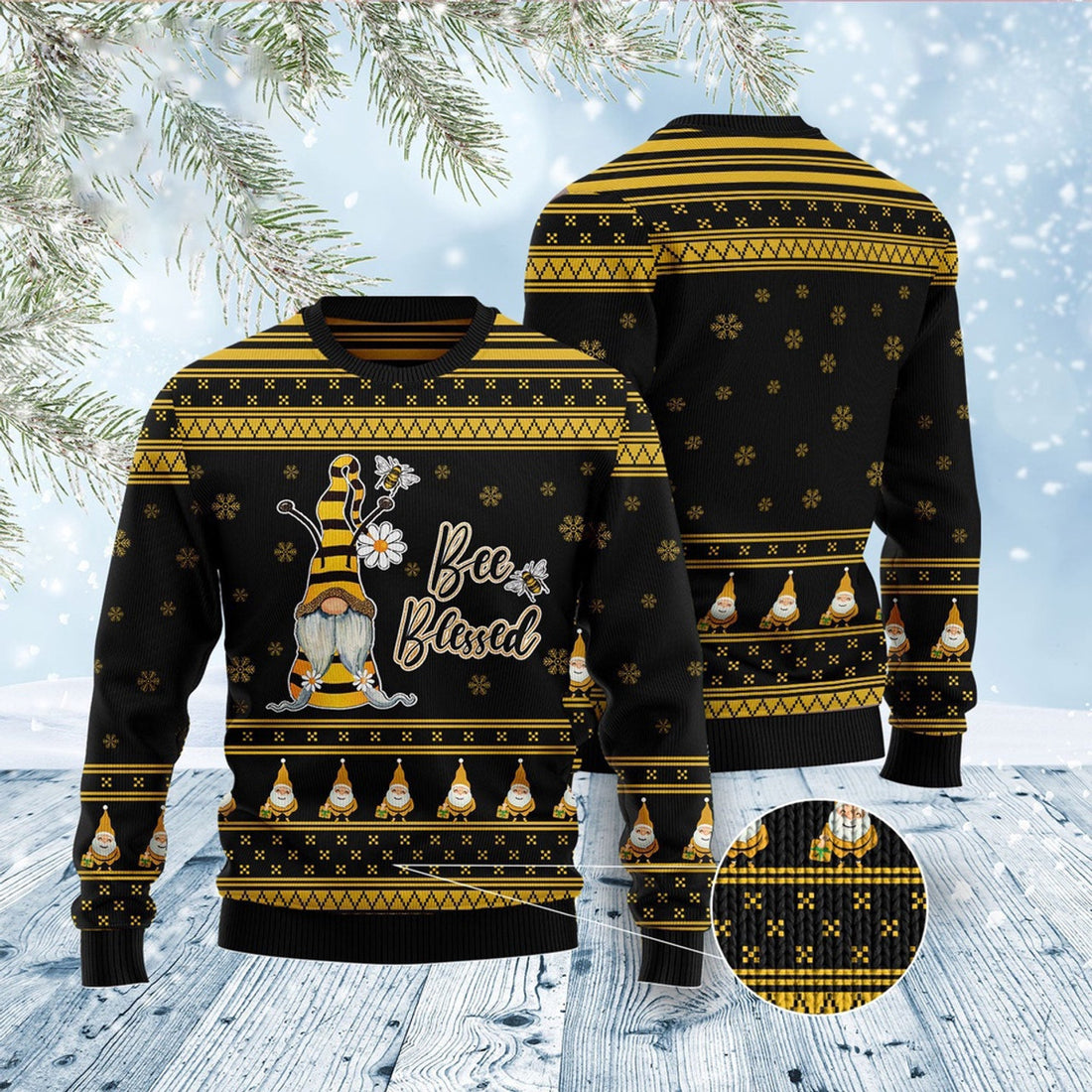 FUNSTUFFPRINT Bee Kind Gnome Ugly Christmas Sweater, Christmas Sweater, Ugly Sweater, Funny Xmas Sweaters Ugly Sweater