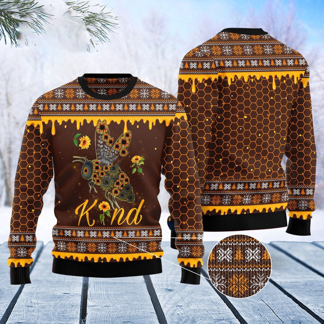 FUNSTUFFPRINT Bee Kind Sunflower Ugly Christmas Sweater, Christmas Sweater, Ugly Sweater, Funny Xmas Sweaters Ugly Sweater