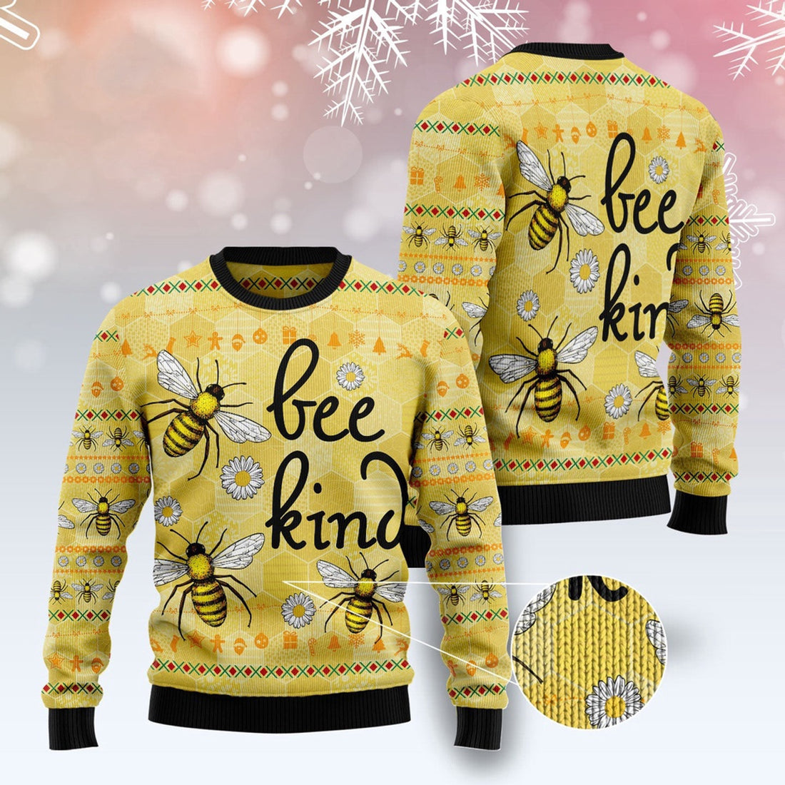 FUNSTUFFPRINT Bee Kind Ugly Christmas Sweater, Christmas Sweater, Ugly Sweater, Funny Xmas Sweaters Ugly Sweater