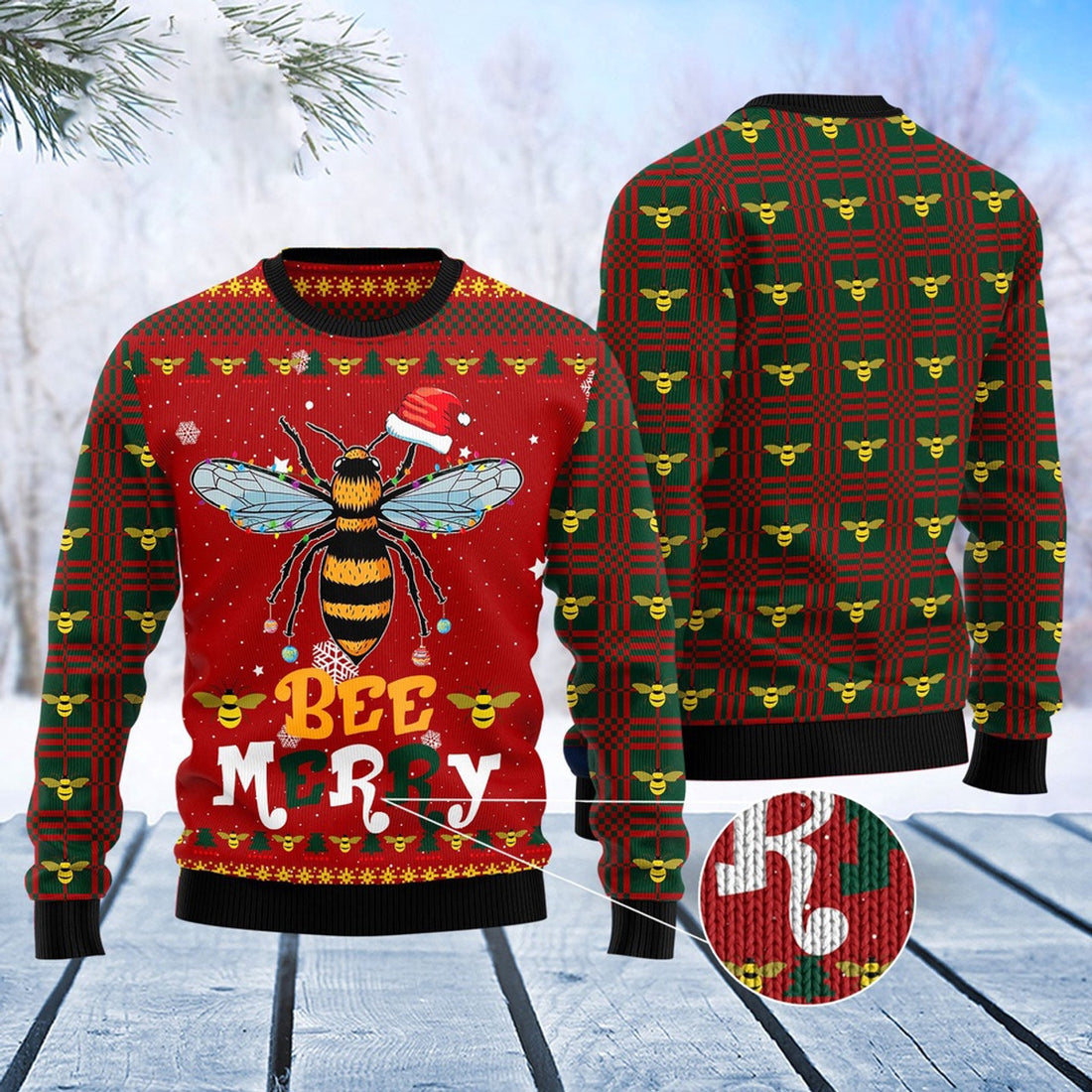 FUNSTUFFPRINT Bee Merry Chirstmas Ugly Sweater, Christmas Sweater, Ugly Sweater, Funny Xmas Sweaters Ugly Sweater