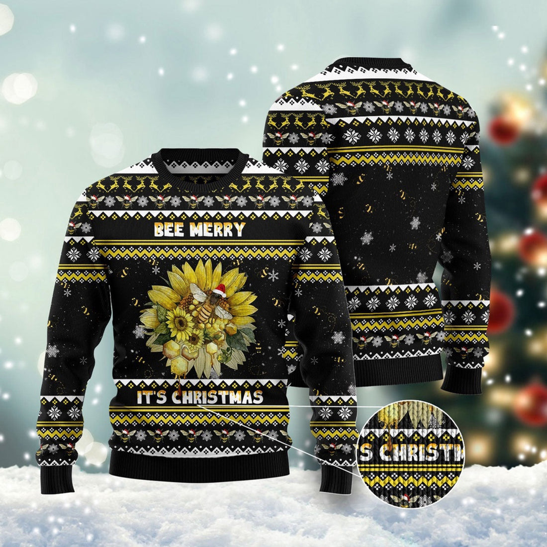 FUNSTUFFPRINT Bee Merry It'S Time Ugly Christmas Sweater, Christmas Sweater, Ugly Sweater, Funny Xmas Sweaters Ugly Sweater