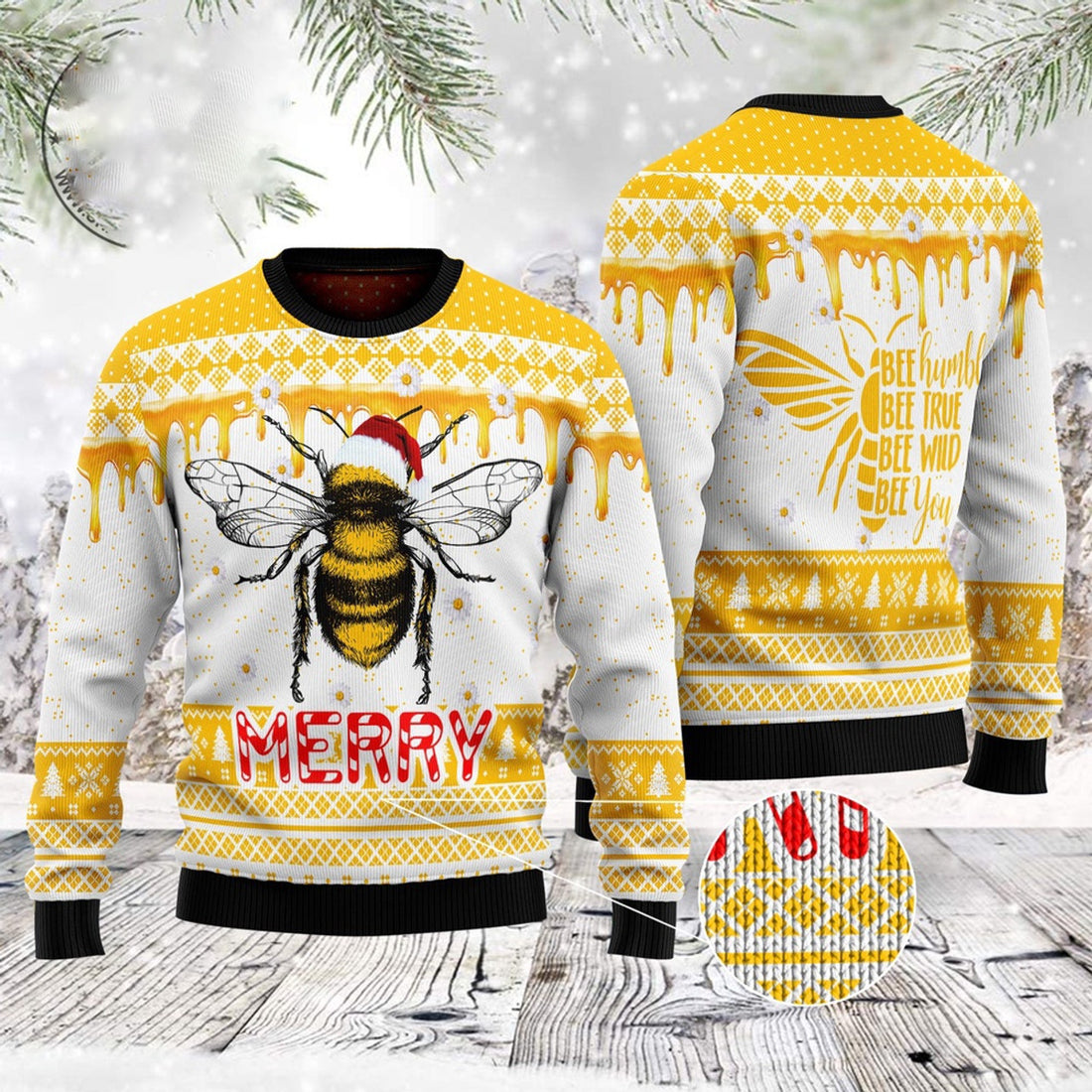 FUNSTUFFPRINT Bee Merry Santa Hat Ugly Christmas Sweater, Christmas Sweater, Ugly Sweater, Funny Xmas Sweaters Ugly Sweater
