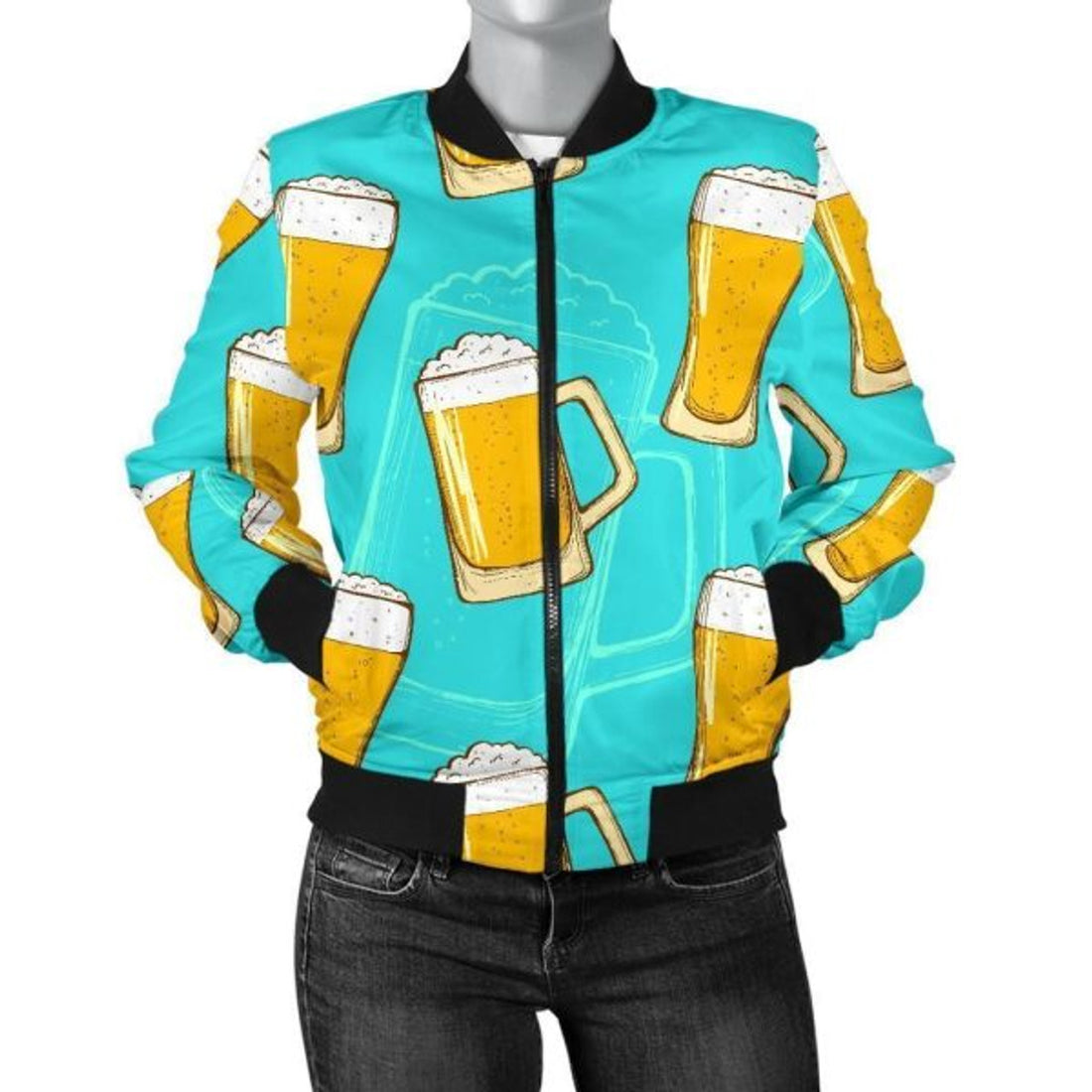 FUNSTUFFPRINT Beer Blue Pattern Print Women Casual 3D Bomber Jacket