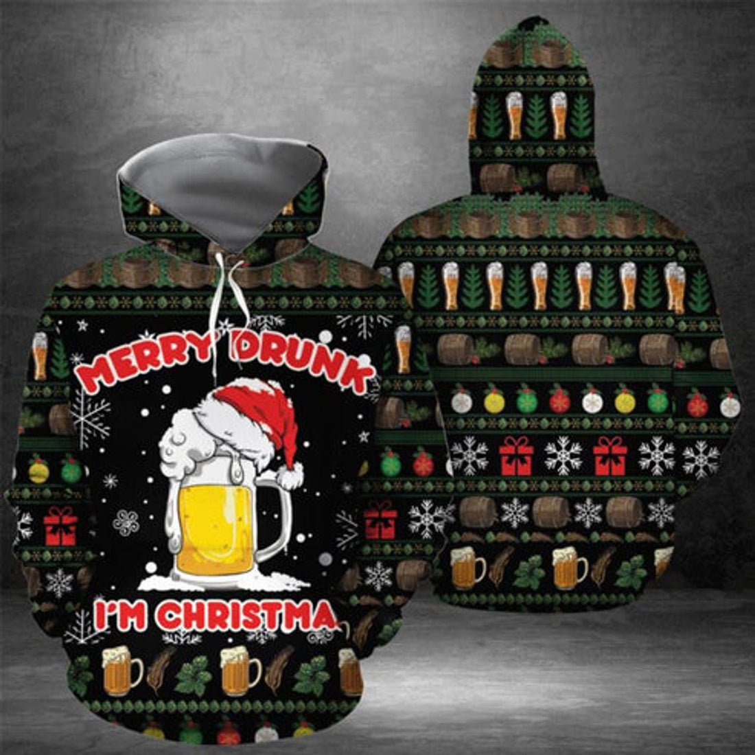 FUNSTUFFPRINT 3D Beer Merry Drunk I'm Christmas All Over 3D Hoodie and Zip Hoodie