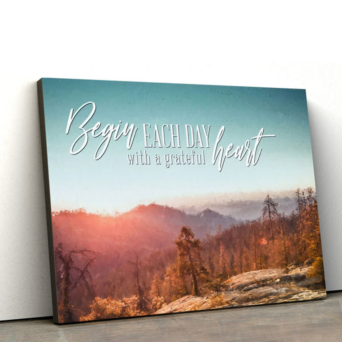 Begin Each Day With A Grateful Heart Mountain Forest Christian Wall Art Canvas - Prints Canvas