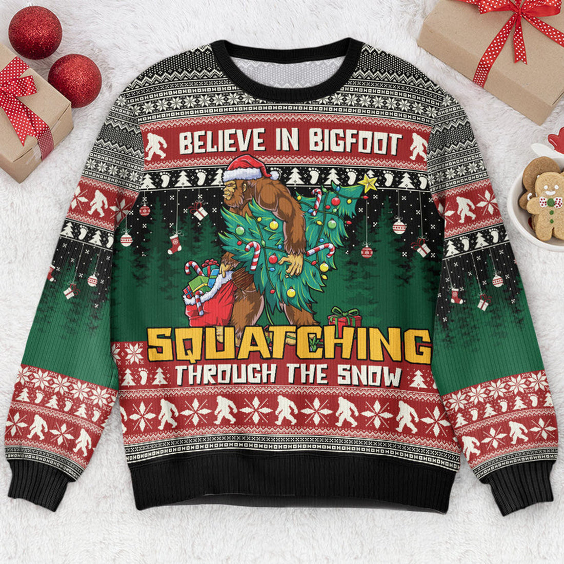 FUNSTUFFPRINT Custom Believe In Bigfoot Squatching Through The Snow Ugly Sweater