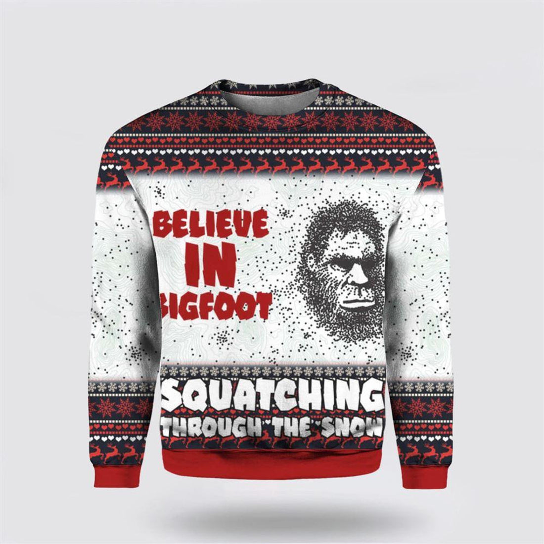 FUNSTUFFPRINT Believe In Bigfoot Squat Ching Through The Snow 3D Ugly Christmas Sweater – Gifts For Bigfoot Lovers Ugly Sweater