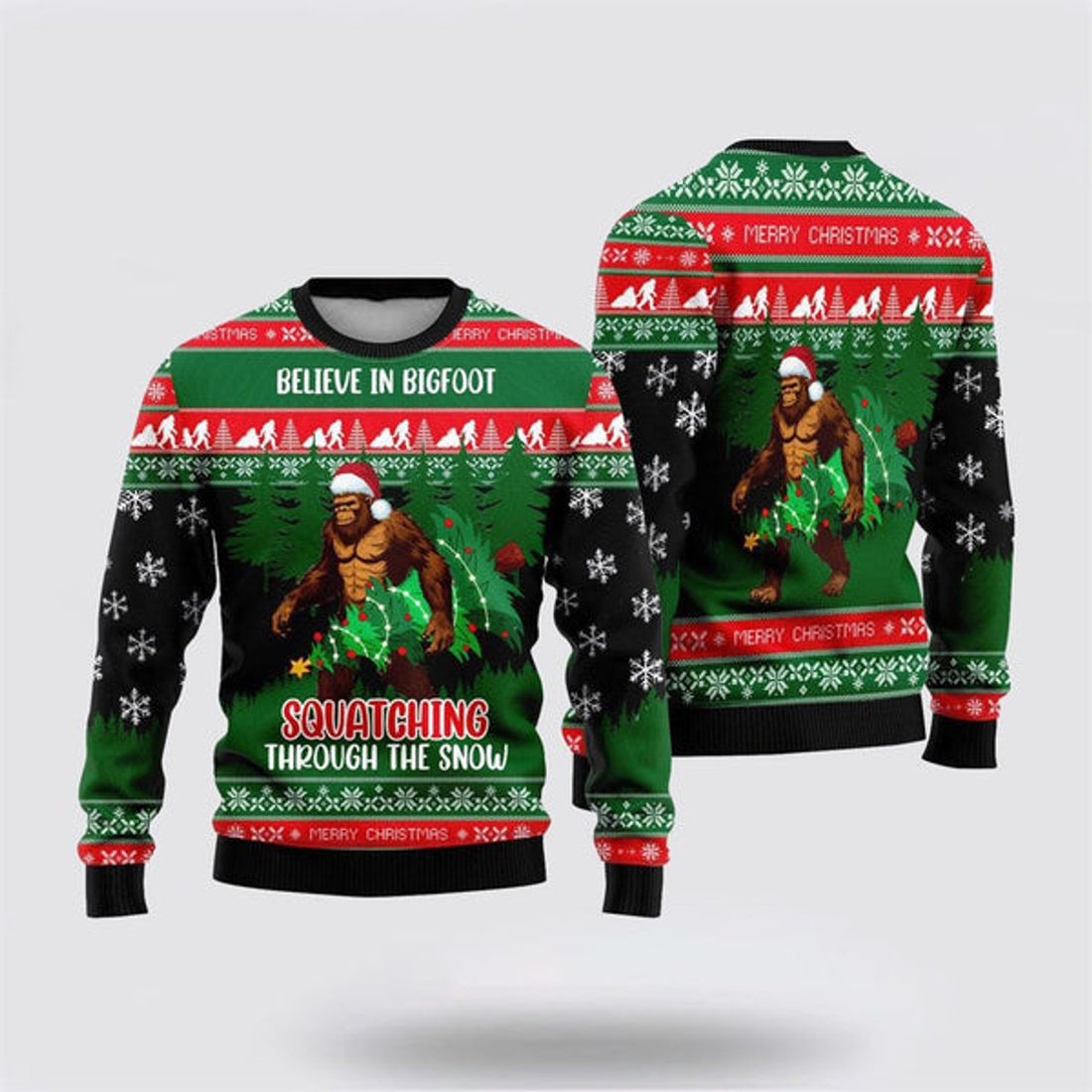 FUNSTUFFPRINT Believe In Bigfoot Squatching Through The Snow Ugly Christmas Sweater For Men, Best Gift For Christmas, Christmas Fashion Winter Ugly Sweater