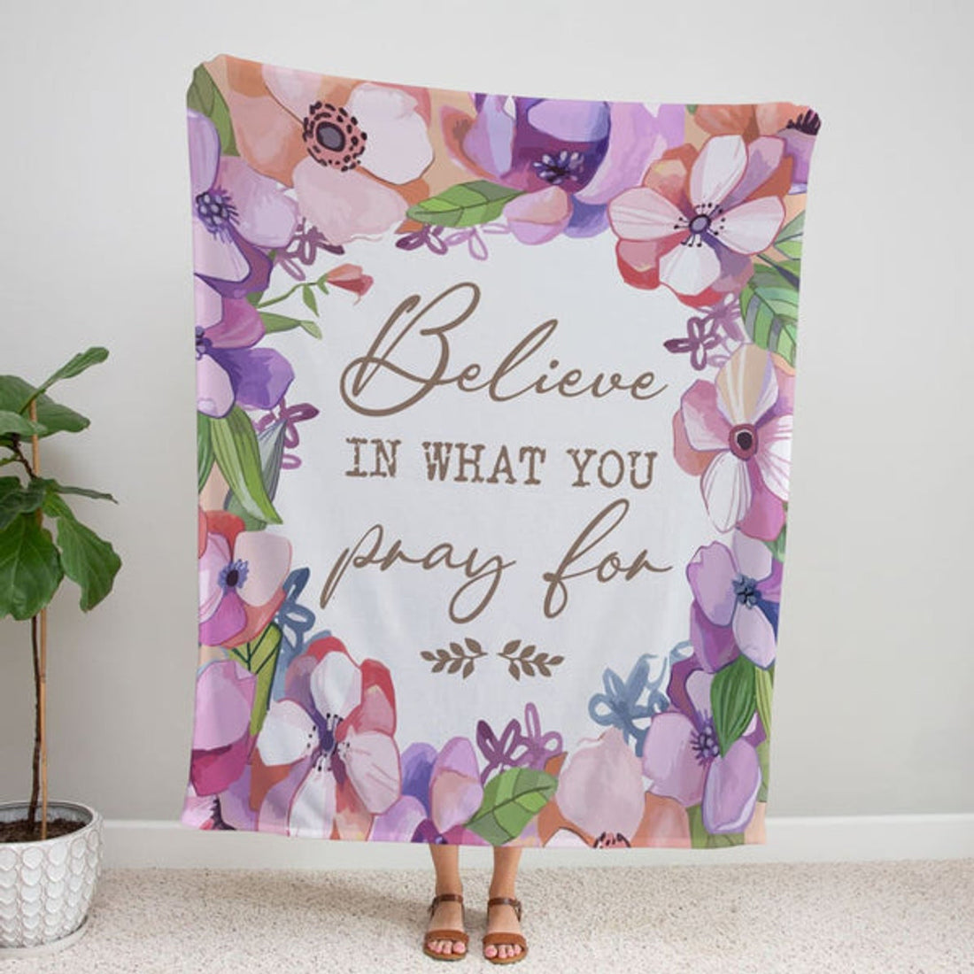 FUNSTUFFPRINT Believe In What You Pray For Fleece Blanket - Christian Blanket - Bible Verse Blanket