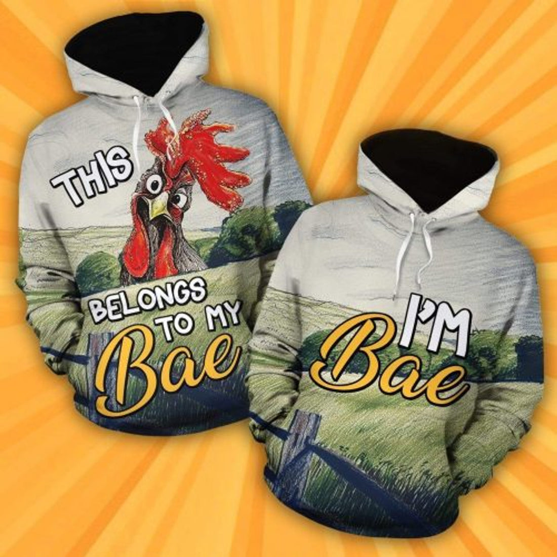 FUNSTUFFPRINT Matching Chicken Couple 3D All Over Hoodie This Belongs To My Bae I’m Bae 3D Hoodie and Zip Hoodie