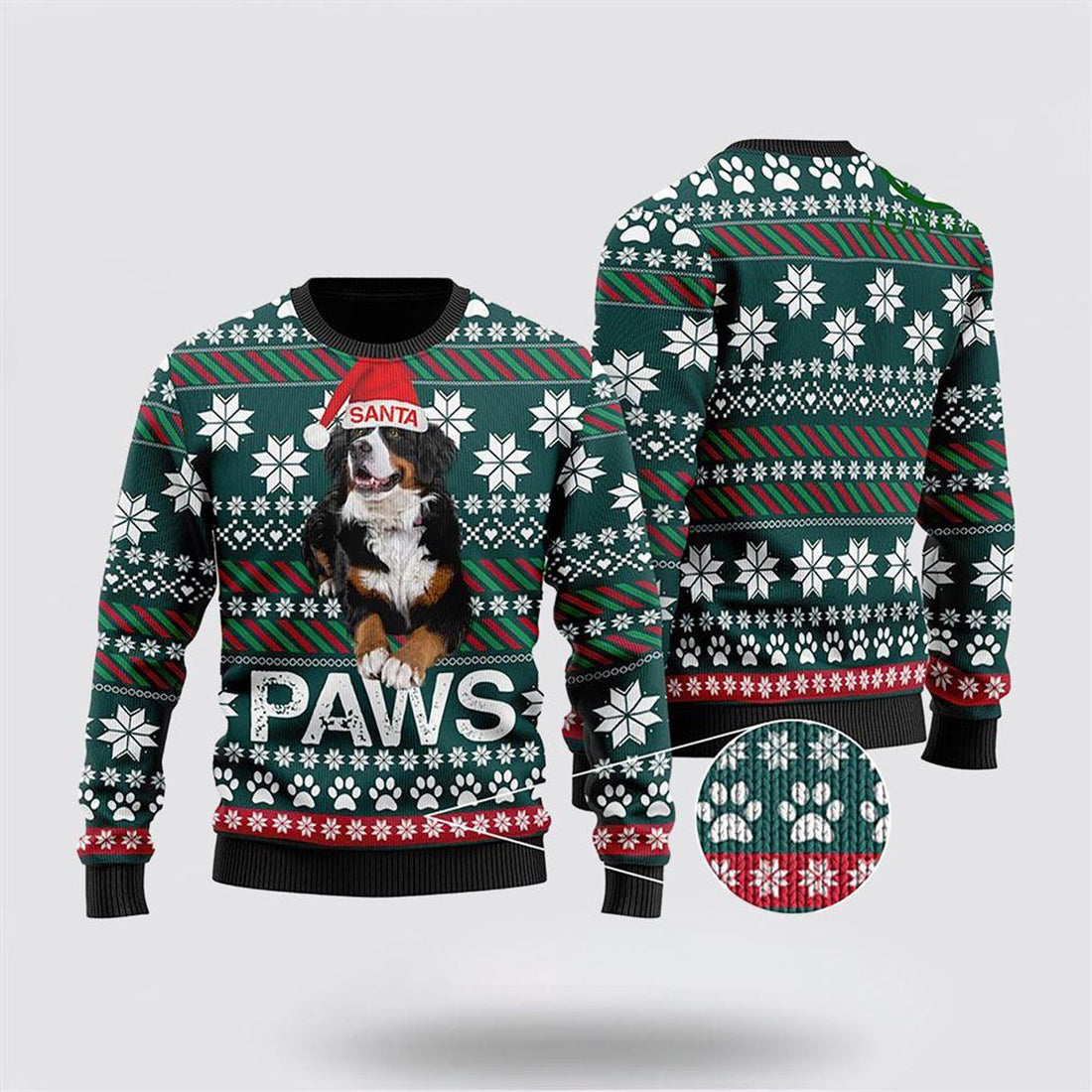 FUNSTUFFPRINT Bernese Mountain Dog Santa Printed Christmas Ugly Sweater - Dog Lover Christmas Sweater Ugly Sweater