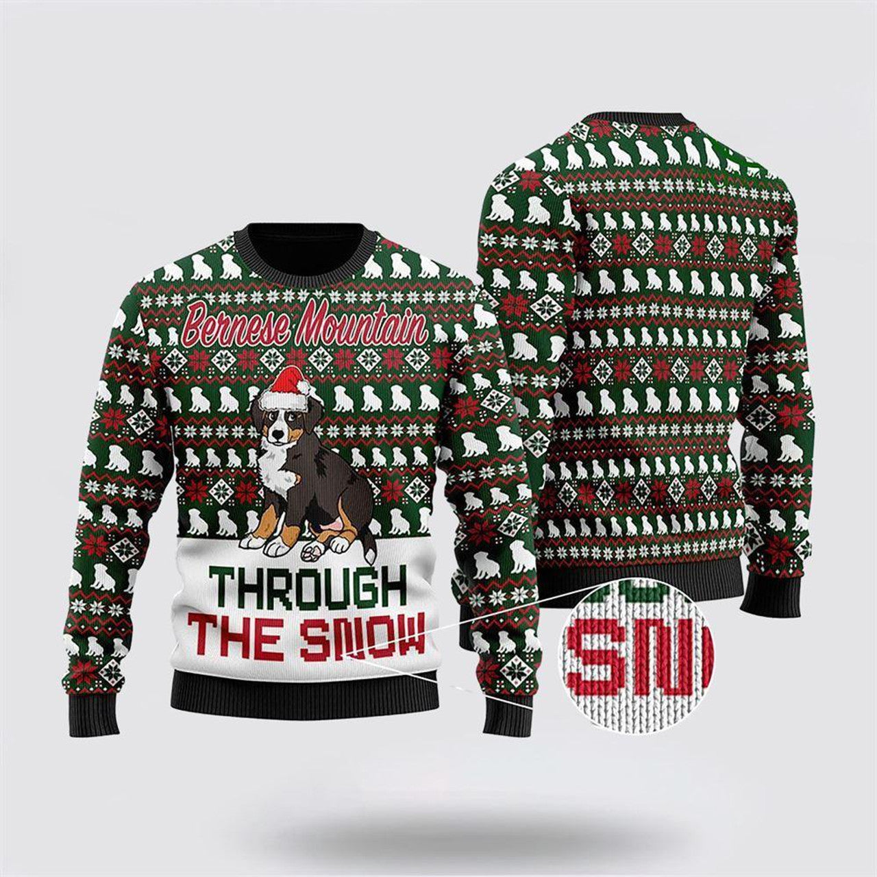 FUNSTUFFPRINT Bernese Mountain Dog Through The Now Sweater – Dog Lover Christmas Sweater Ugly Sweater