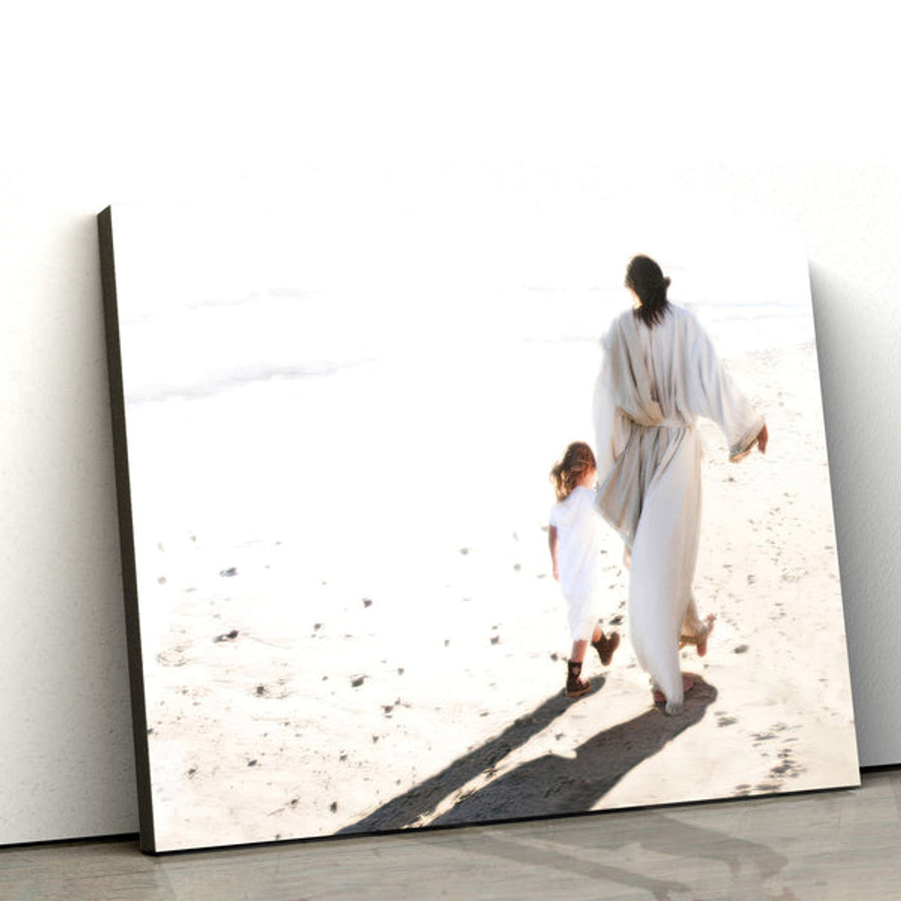 Jesus And Little Girl Walking On The Beach Canvas Wall Art - Beside Me Poster - Jesus Christ Canvas Art - Picture of Jesus With Children 