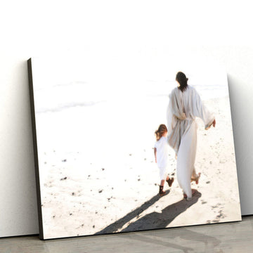 Jesus And Little Girl Walking On The Beach Canvas Wall Art - Beside Me Poster - Jesus Christ Canvas Art - Picture of Jesus With Children 