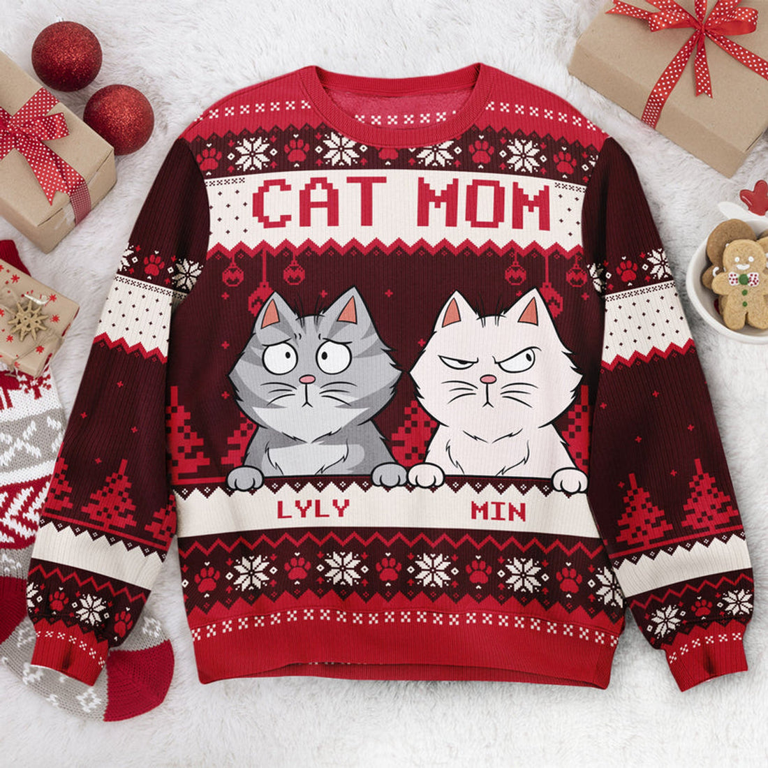 FUNSTUFFPRINT Custom Best Cat Mom Ever Ugly Sweater