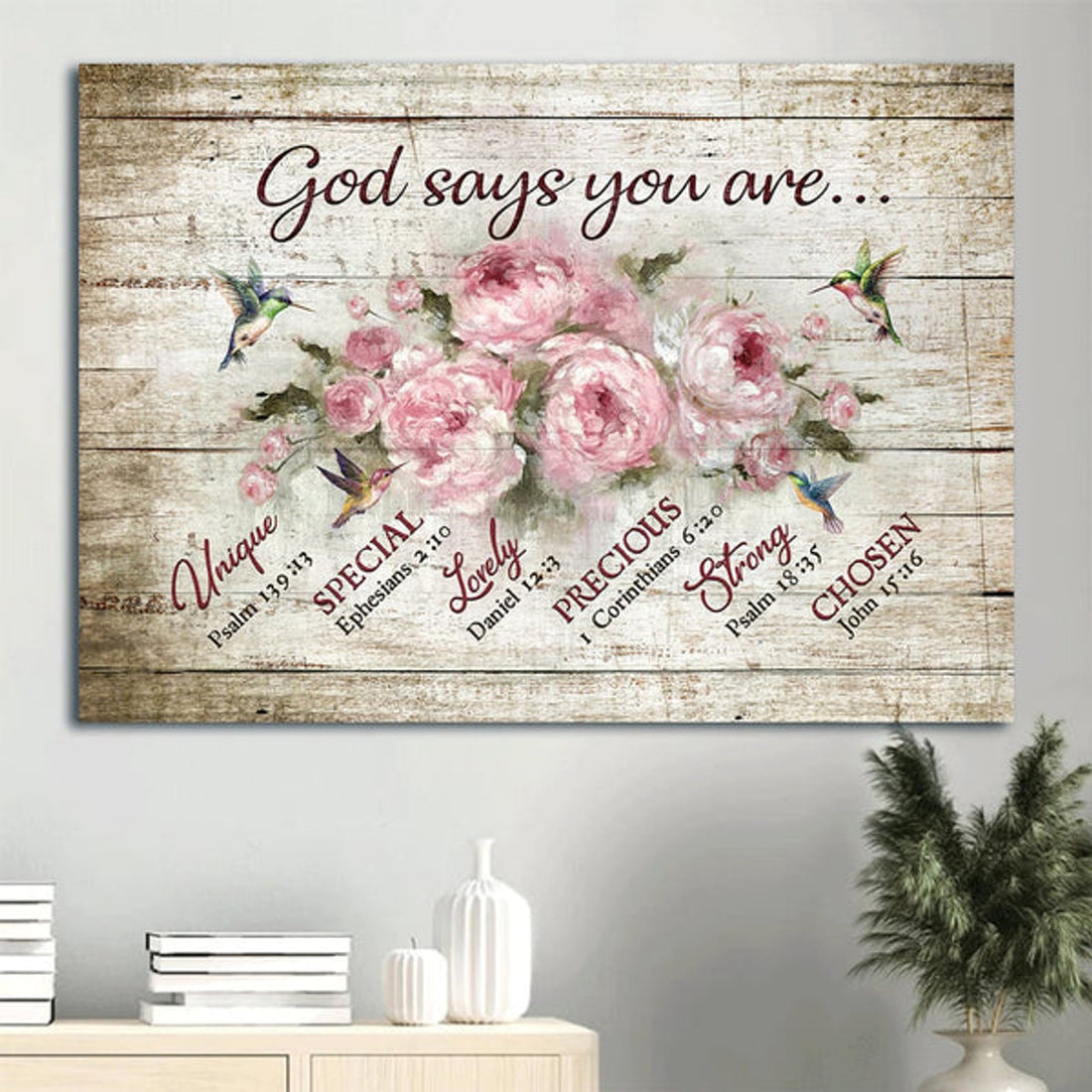 Bible Verse Watercolor Hummingbird Pink Flower Painting God Says You Are Canvas Wall Art - Christian Wall Decor