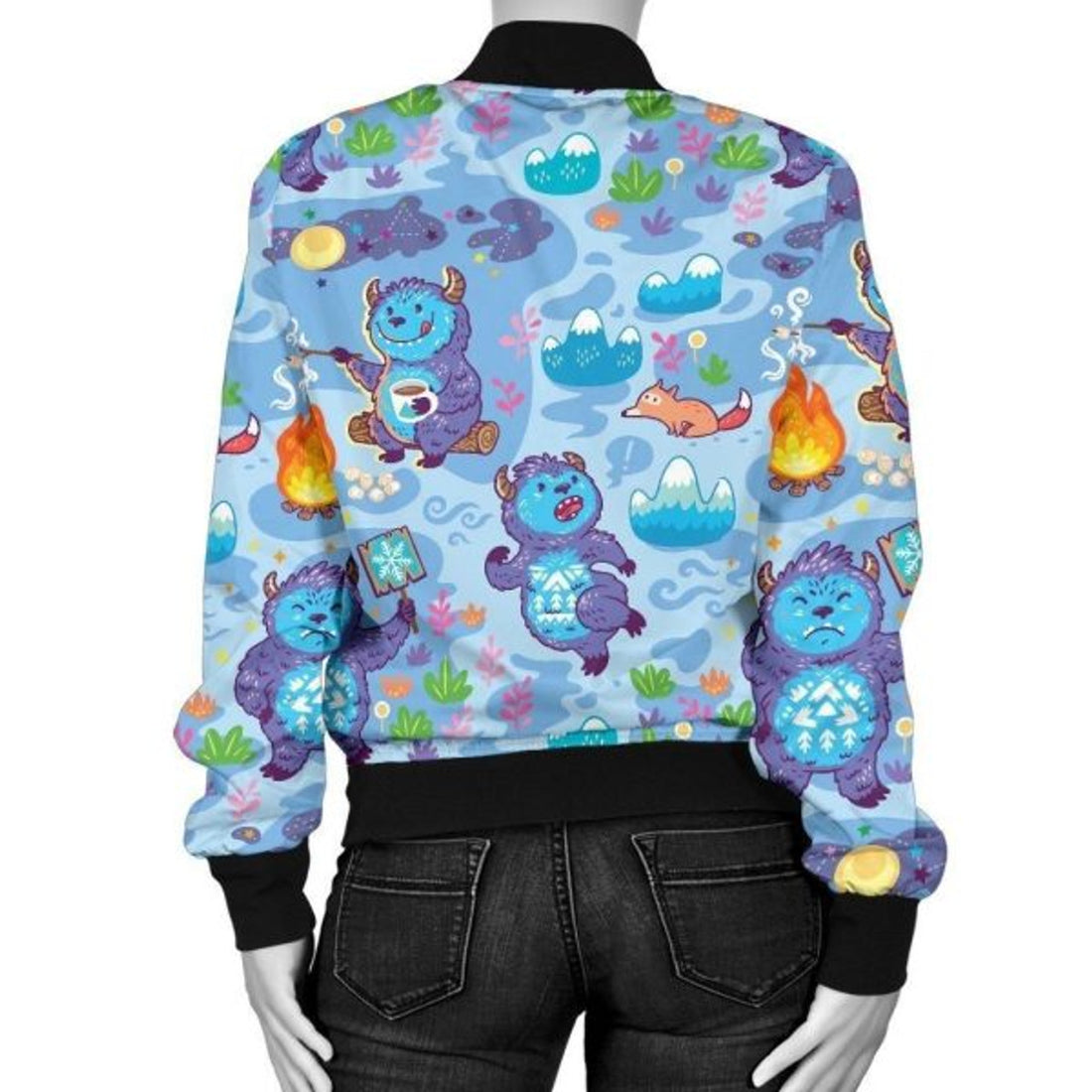 FUNSTUFFPRINT Bigfoot Blue Pattern Print Women Casual 3D Bomber Jacket