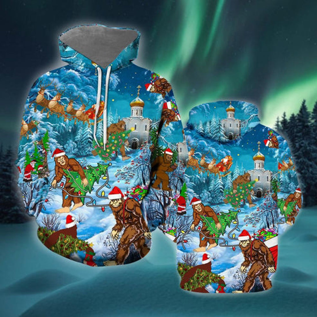 FUNSTUFFPRINT 3D Bigfoot At Christmas All Over 3D Hoodie and Zip Hoodie