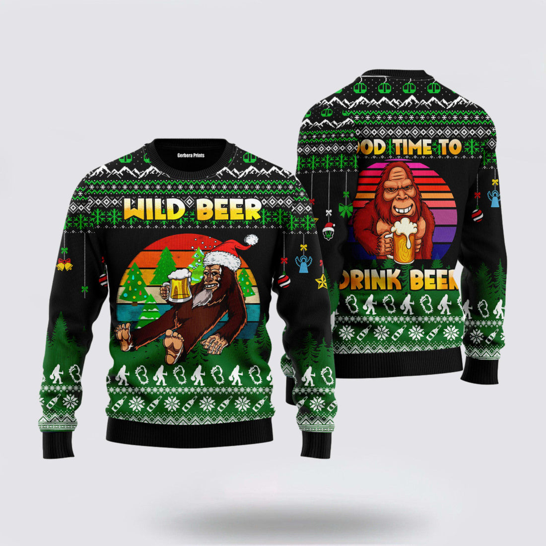 FUNSTUFFPRINT Bigfoot Beer Christmas Ugly Sweater Perfect Time to Enjoy Beer - Gifts For Bigfoot Lovers Ugly Sweater