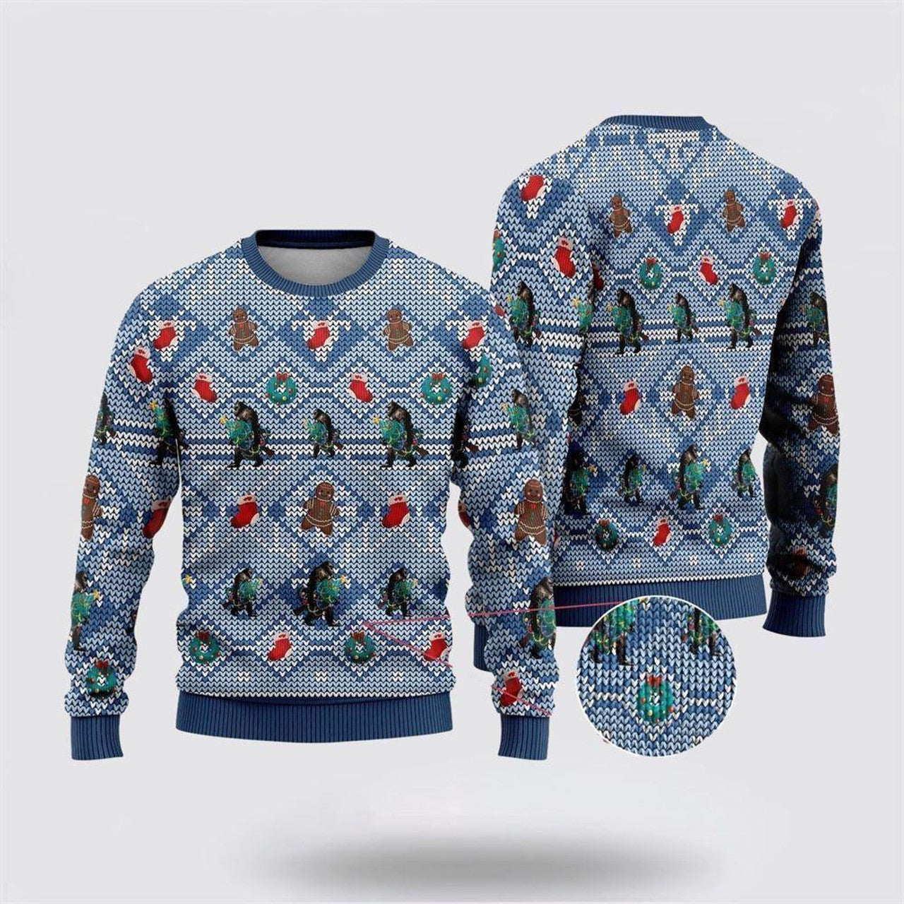 FUNSTUFFPRINT Bigfoot Christmas Blue Pattern Ugly Christmas Sweater – Best Gift For Christmas Ugly Sweater