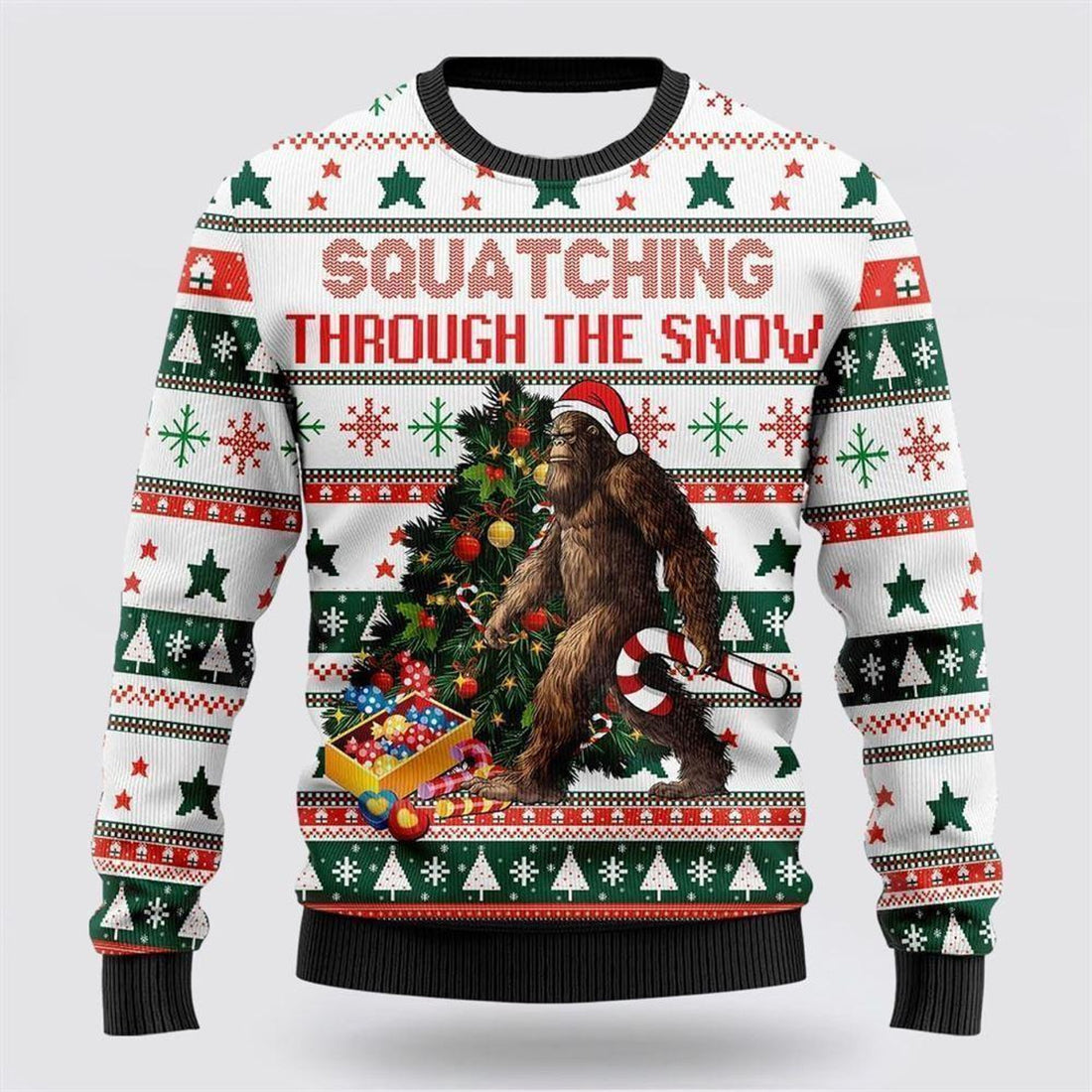 FUNSTUFFPRINT Bigfoot Christmas Candy Cane Ugly Christmas Sweater – Best Gift For Christmas Ugly Sweater