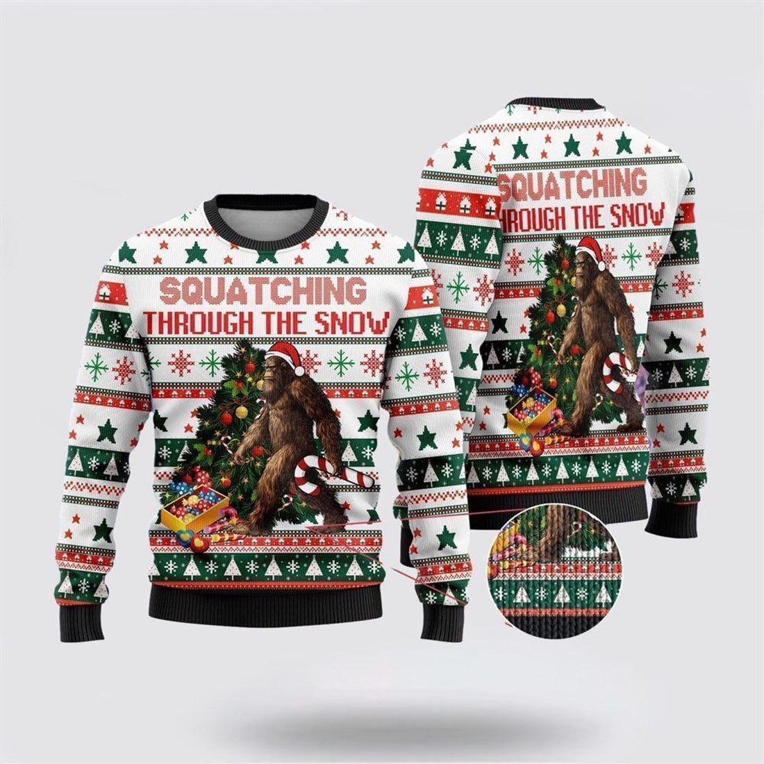 FUNSTUFFPRINT Bigfoot Christmas Candy Cane Ugly Christmas Sweater – Best Gift For Christmas Ugly Sweater