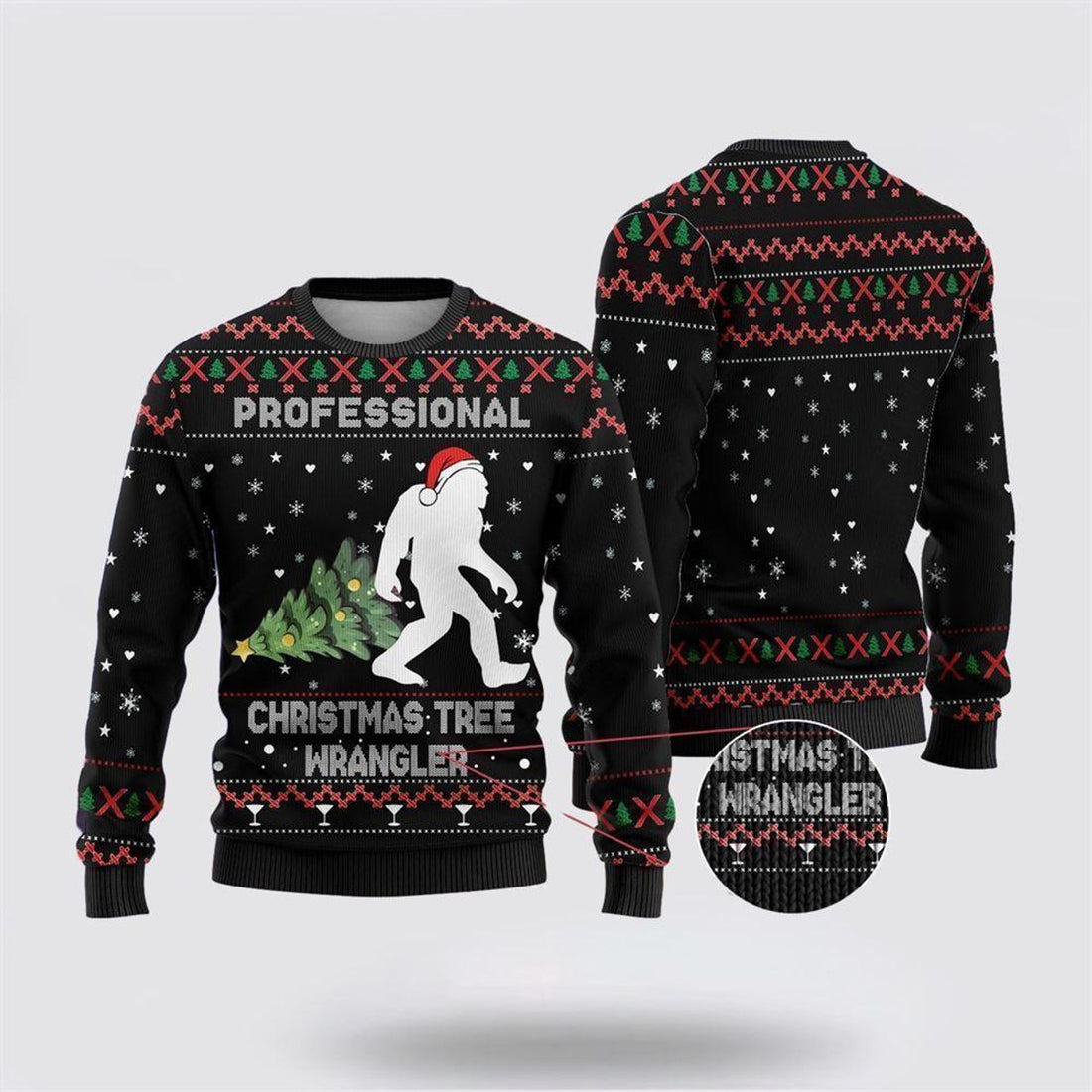 FUNSTUFFPRINT Bigfoot Christmas Tree Wrangler Ugly Christmas Sweater – Best Gift For Christmas Ugly Sweater