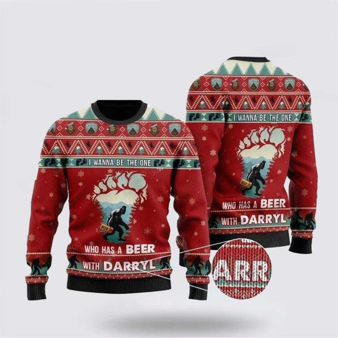 FUNSTUFFPRINT Bigfoot Darryl Ugly Christmas Sweater Be The One To Share A Beer – Gifts For Bigfoot Lovers Ugly Sweater