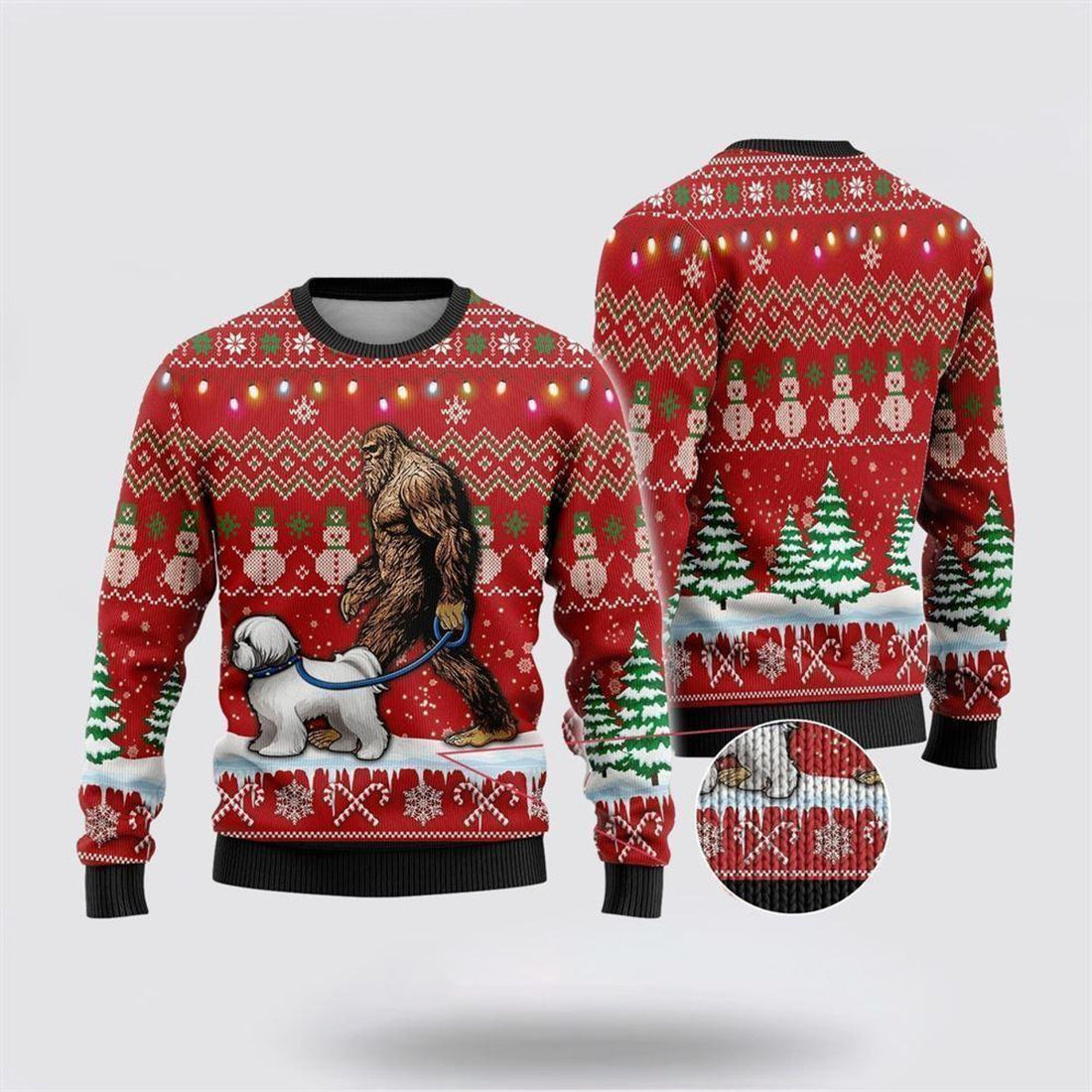 FUNSTUFFPRINT Bigfoot Goes To Spend Christmas With Bichon Frise Ugly Christmas Sweater – Best Gift For Christmas Ugly Sweater