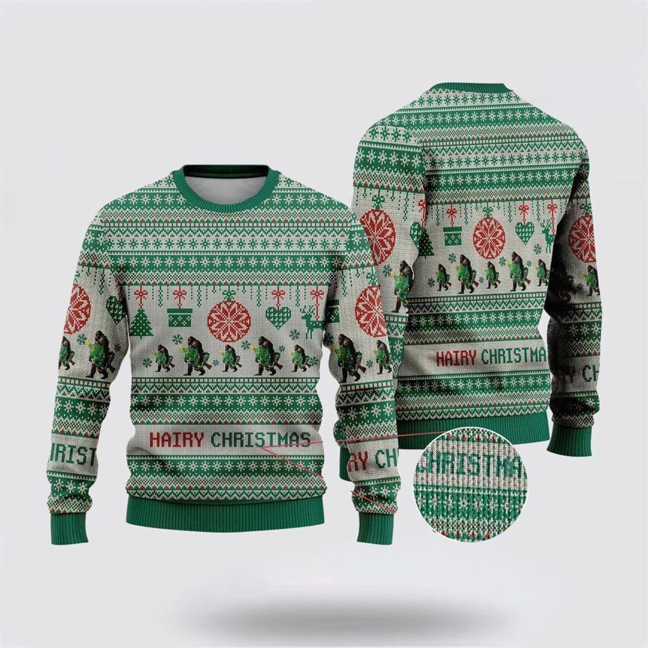FUNSTUFFPRINT Bigfoot Hairy Christmas Green Pattern Ugly Christmas Sweater – Best Gift For Christmas Ugly Sweater