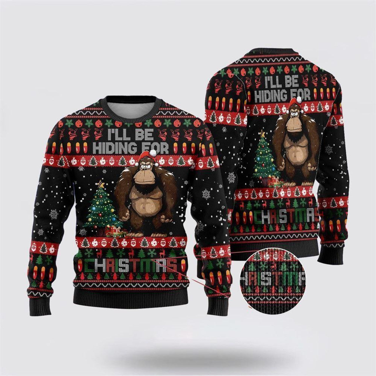FUNSTUFFPRINT Bigfoot I’ll Be Hiding For Christmas Ugly Christmas Sweater – Best Gift For Christmas Ugly Sweater