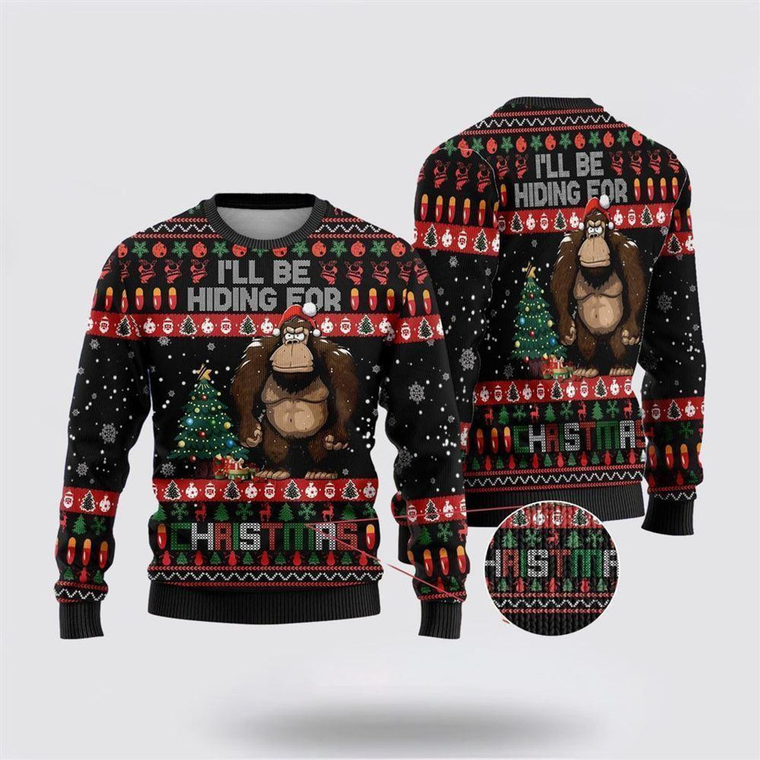 FUNSTUFFPRINT Bigfoot I’ll Be Hiding For Christmas Ugly Christmas Sweater – Best Gift For Christmas Ugly Sweater