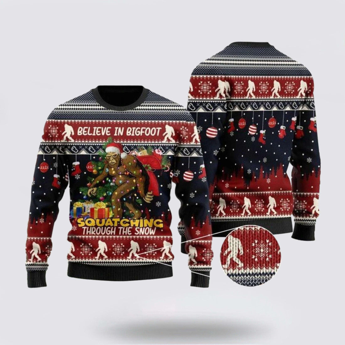 FUNSTUFFPRINT Bigfoot Lover Ugly Christmas Sweater Men & Women – Gifts For Bigfoot Lovers Ugly Sweater