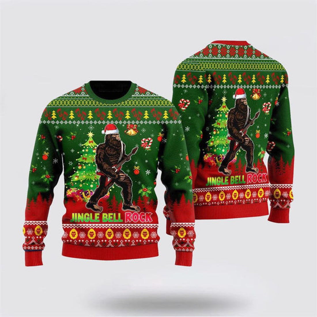 FUNSTUFFPRINT Bigfoot Playing Guitar Jingle Bell Rock Ugly Christmas Sweater For Men, Best Gift For Christmas, Christmas Fashion Winter Ugly Sweater