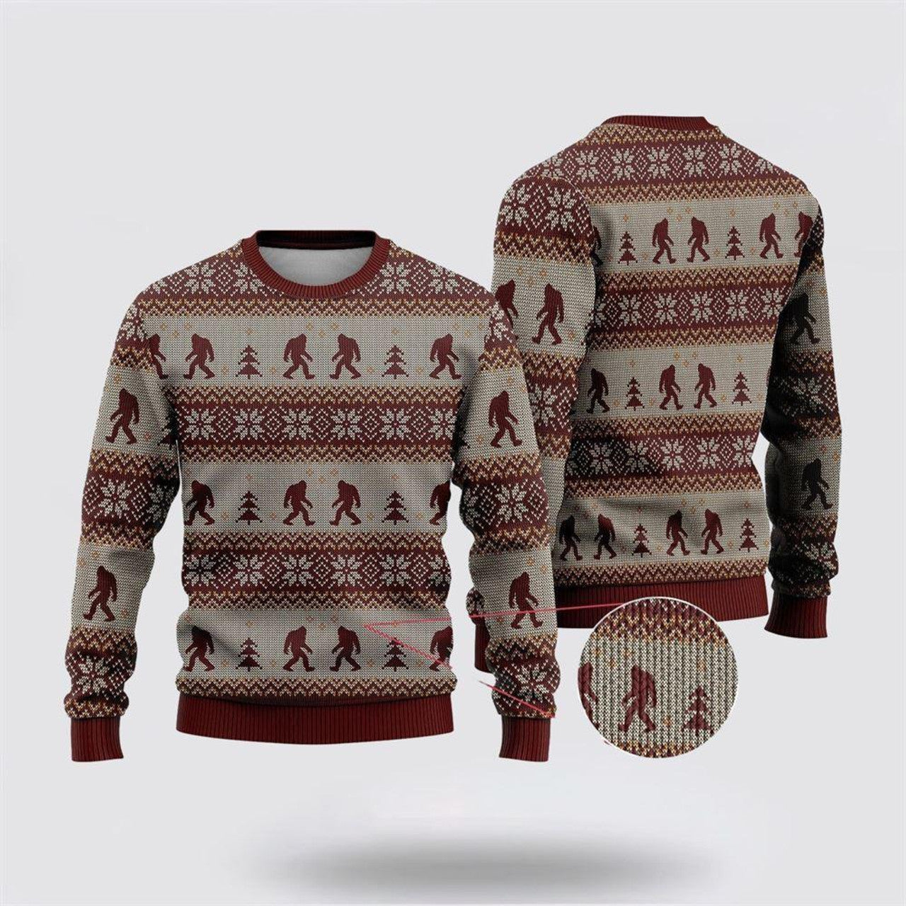 FUNSTUFFPRINT Bigfoot Red And Gray Pattern Ugly Christmas Sweater – Best Gift For Christmas Ugly Sweater