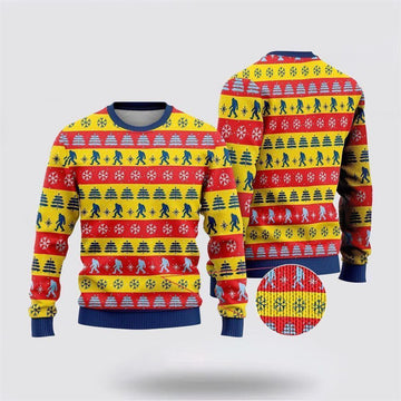 FUNSTUFFPRINT Bigfoot Red And Yellow Pattern Ugly Christmas Sweater – Best Gift For Christmas Ugly Sweater