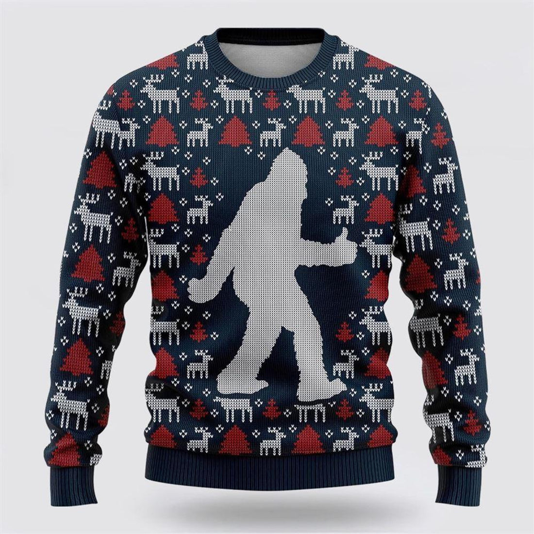 FUNSTUFFPRINT Bigfoot Reindeer And Pine Tree Motifs Blue Pattern Ugly Christmas Sweater – Best Gift For Christmas Ugly Sweater