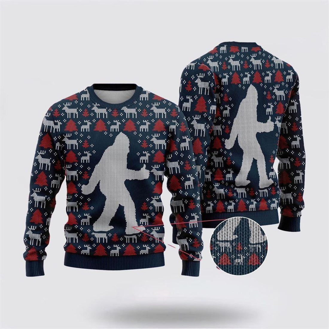 FUNSTUFFPRINT Bigfoot Reindeer And Pine Tree Motifs Blue Pattern Ugly Christmas Sweater – Best Gift For Christmas Ugly Sweater