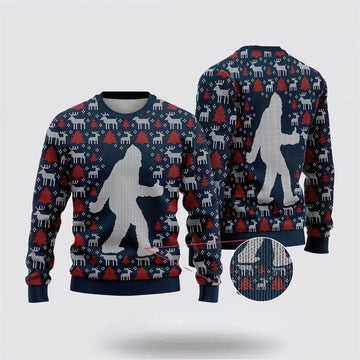 FUNSTUFFPRINT Bigfoot Reindeer And Pine Tree Motifs Blue Pattern Ugly Christmas Sweater – Best Gift For Christmas Ugly Sweater