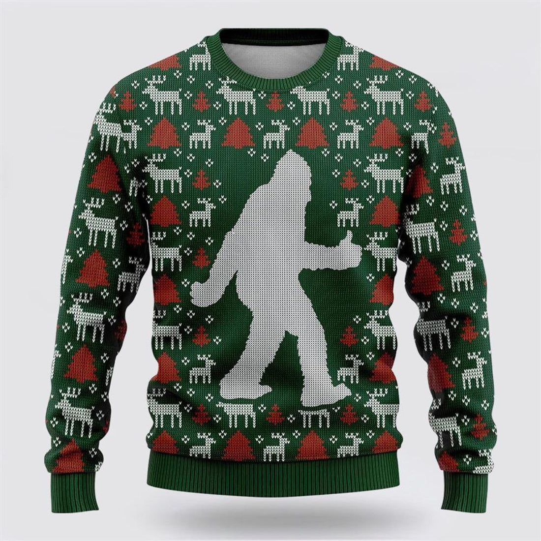 FUNSTUFFPRINT Bigfoot Reindeer And Pine Tree Motifs Green Pattern Ugly Christmas Sweater – Best Gift For Christmas Ugly Sweater